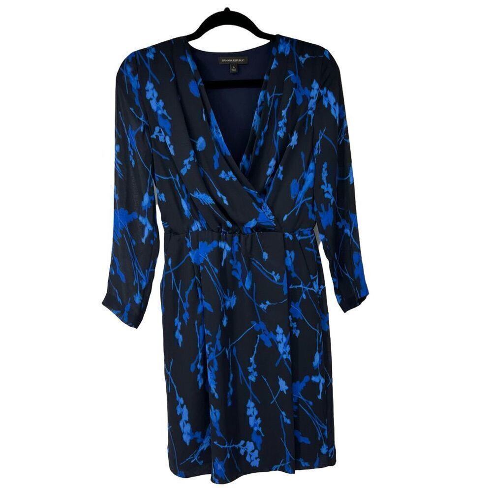 Banana Republic Blue & Black Faux Wrap Blouson Long Sleeve Dress